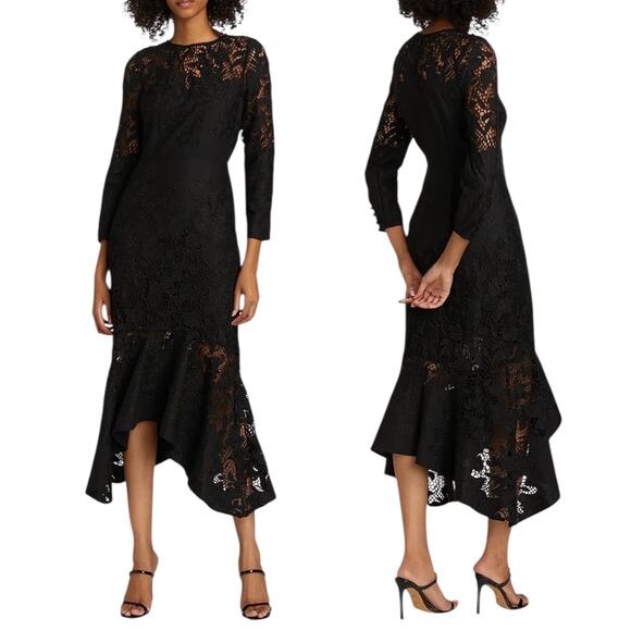 Marchesa Rosa Black Linen Lace Maxi Dress Handkerchief Hem Size 2 - Picture 1 of 15